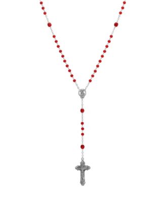 Silver-tone Red Beaded Crucifix Rosary