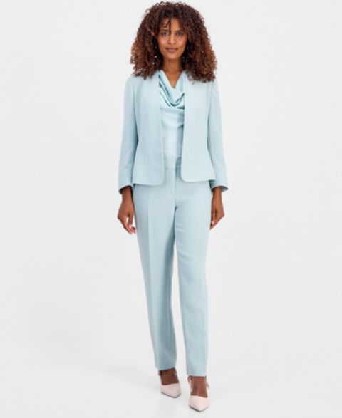 Женские комплекты Kasper Collarless Jacket, Sleeveless Cowl-Neck Blouse & Fly-Front Slim Pants, цвет: Морской