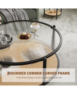 30" 2-Tier Rattan Coffee Table with Water-Wave Glass
