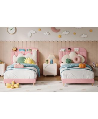 Set of 2 Twin Upholstered Bed Frames with Bookcase Headboard, Velvet Platform Design