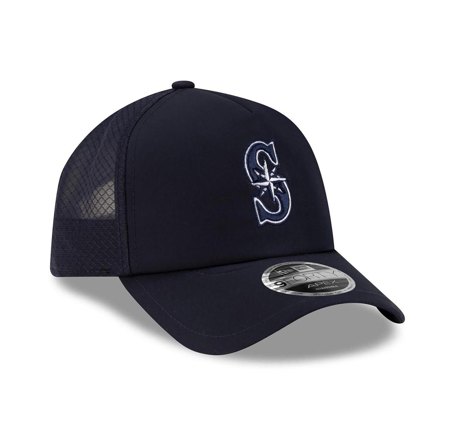 Men's Navy Seattle Mariners 2026 Batting Practice Apex 9FORTY Adjustable Trucker Hat