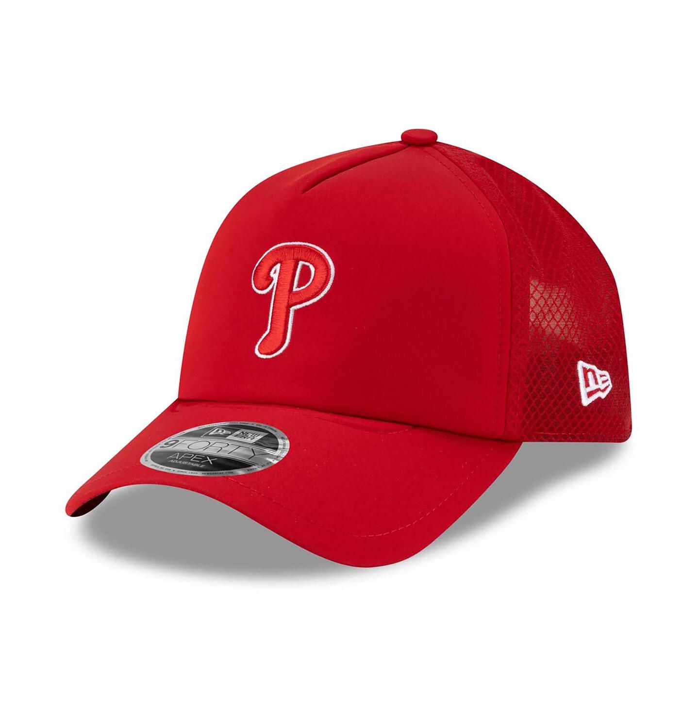 Мужская кепка New Era Red Philadelphia Phillies 2026 Batting Practice Apex 9FORTY Adjustable Trucker Hat — фото 1
