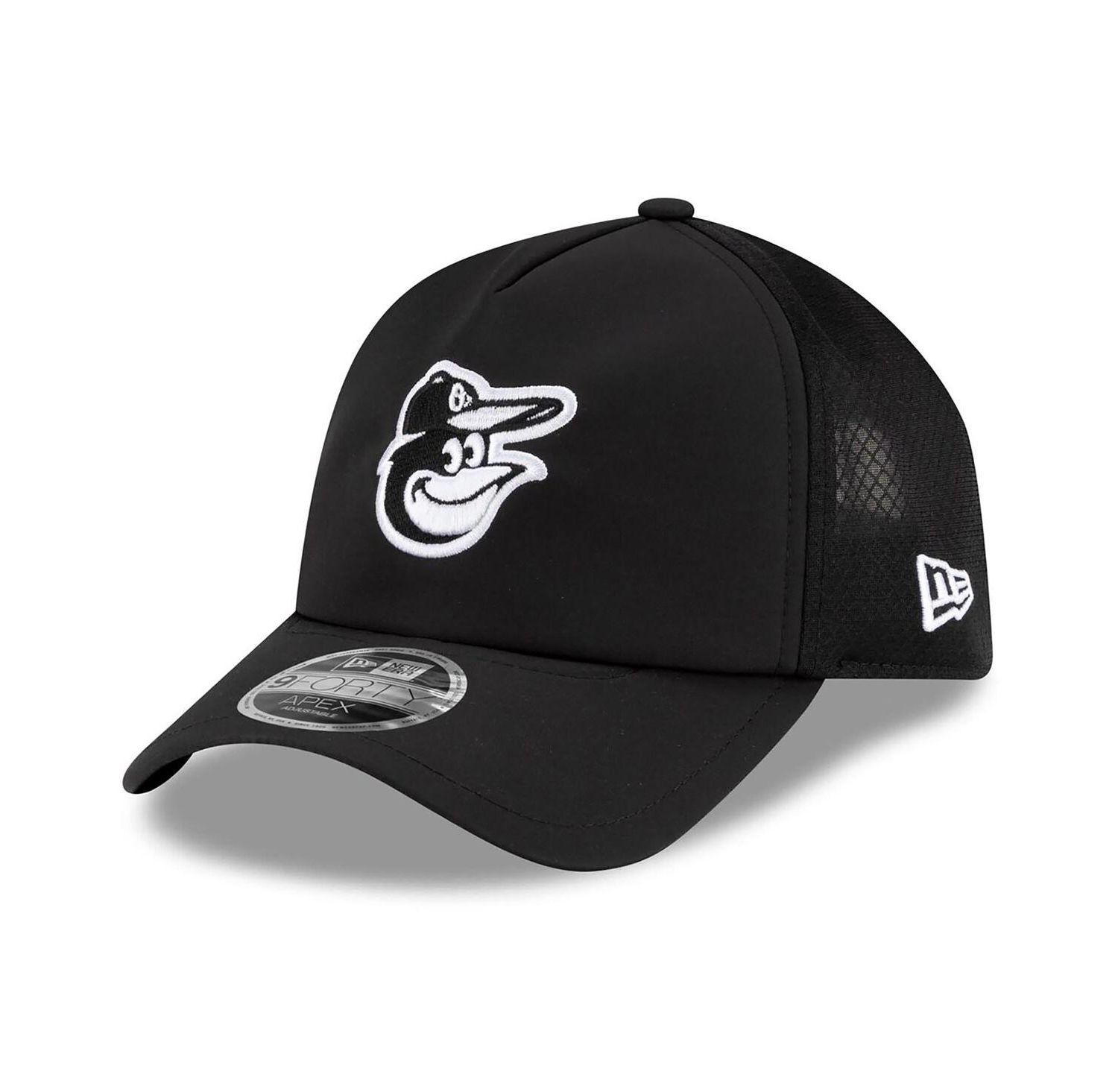 Men's Black Baltimore Orioles 2026 Batting Practice Apex 9FORTY Adjustable Trucker Hat