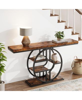 55" Industrial Narrow Console Sofa Table with O-Shaped Metal Frame and 5-Tier Storage, Entryway Table
