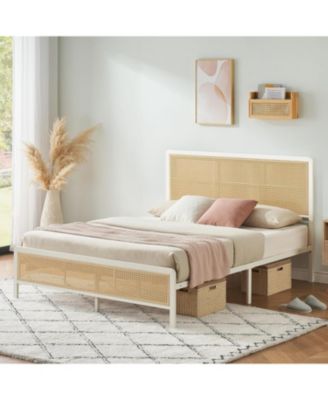 Full Rattan Bed Frame with Headboard, Boho Cane Platform with Steel Slats Support,