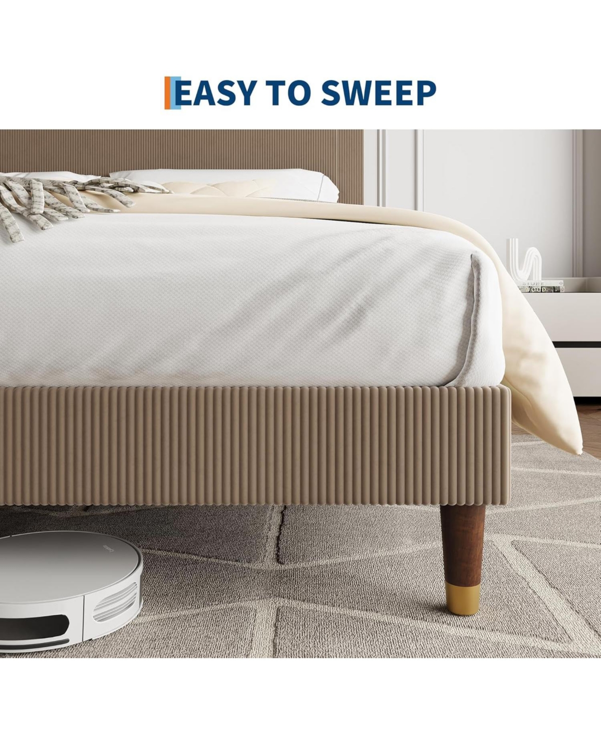 gaomon Queen Upholstered Bed Frame with Headboard, Corduroy Platform with Wood Slats Support