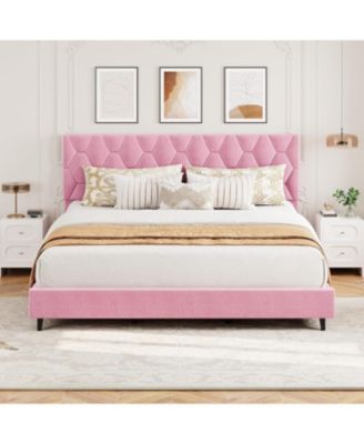 King Upholstered Bed Frame with Headboard, Platform Design with Wood Slats