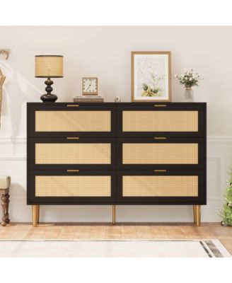 6 Drawer Rattan Dresser for Bedroom, Bohemian Chest of Dressers with Metal Legs