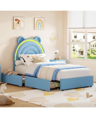Twin Velvet Bed Frame with Bear Headboard, LED Lights and 2 Drawers, Upholstered Platform