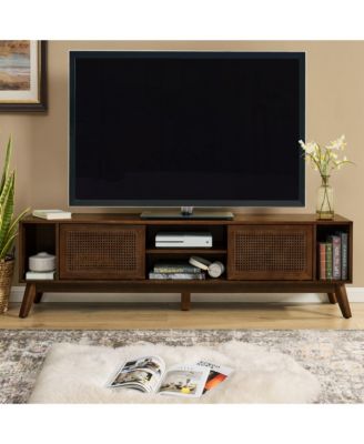 Mid Century Modern Rattan TV Stand for TVs  - Media Console Table with Solid Wood Legs and Rattan Cabinet Doors for Living Room