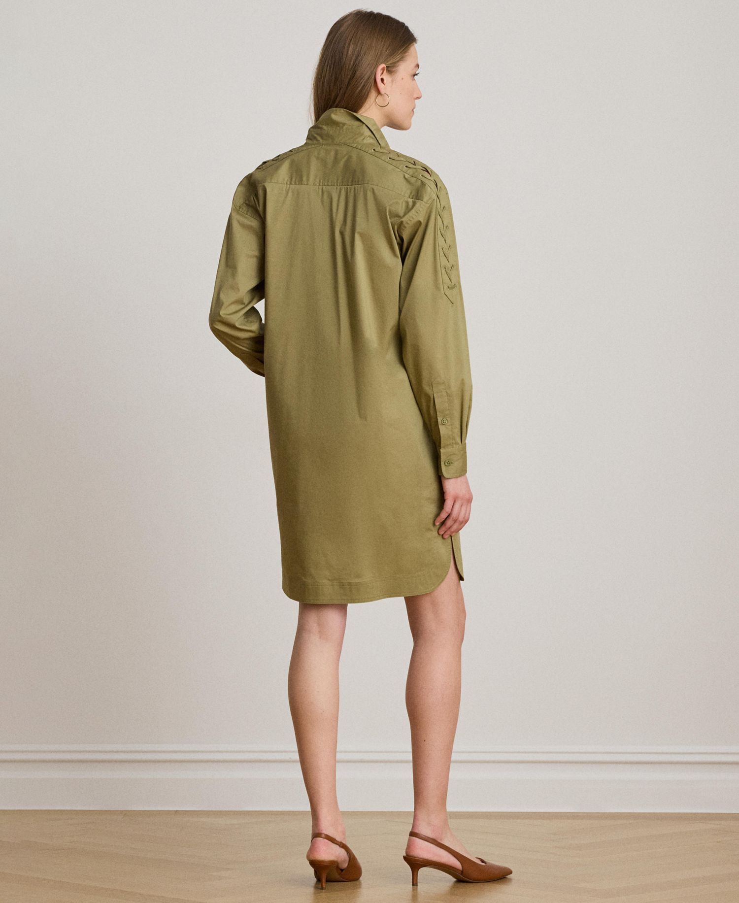 Women's Spread Collar Lace-Up Trim Shirt-Dress