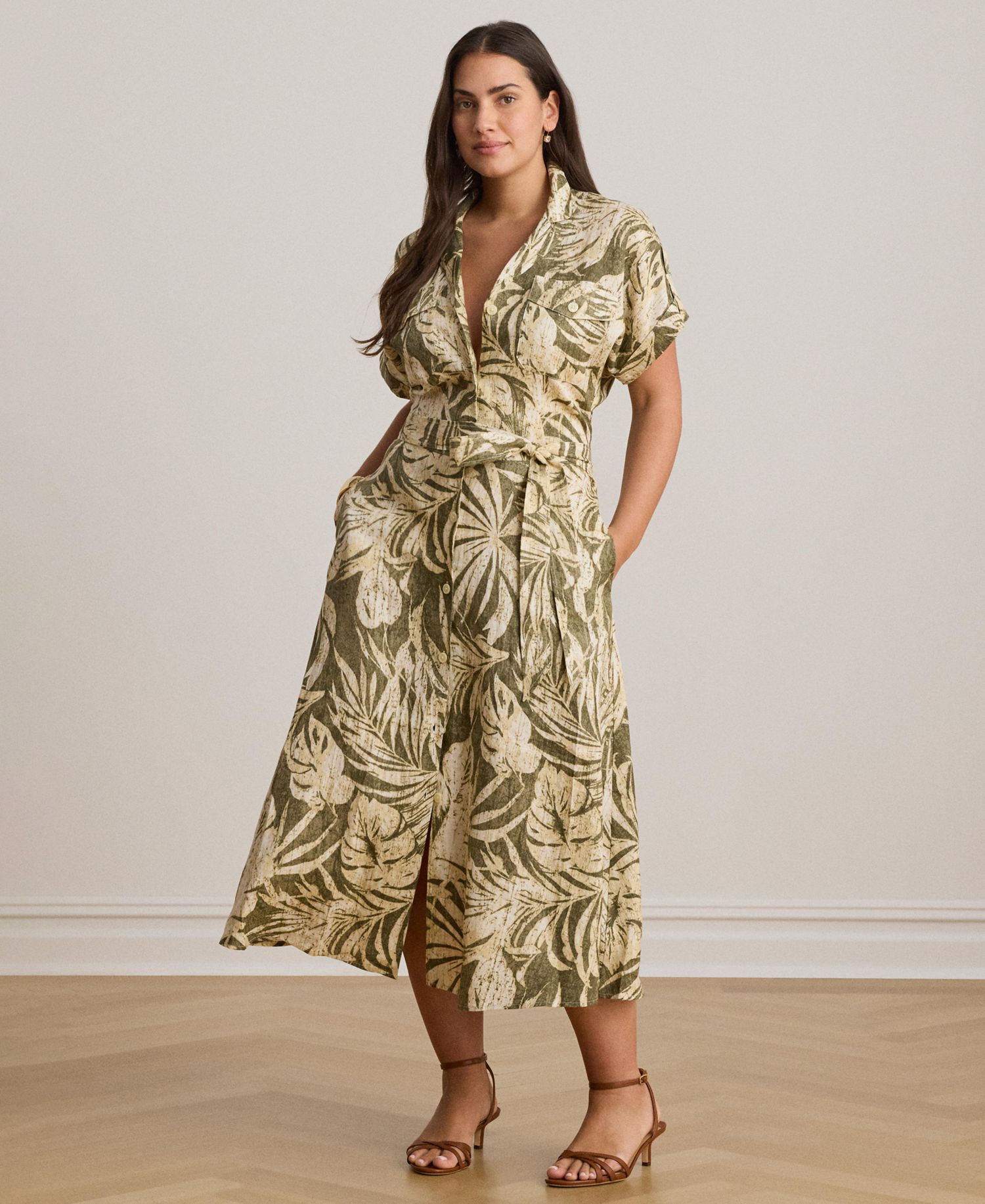 Women's Palm-Frond-Print Camp Collar Shirt-Dress