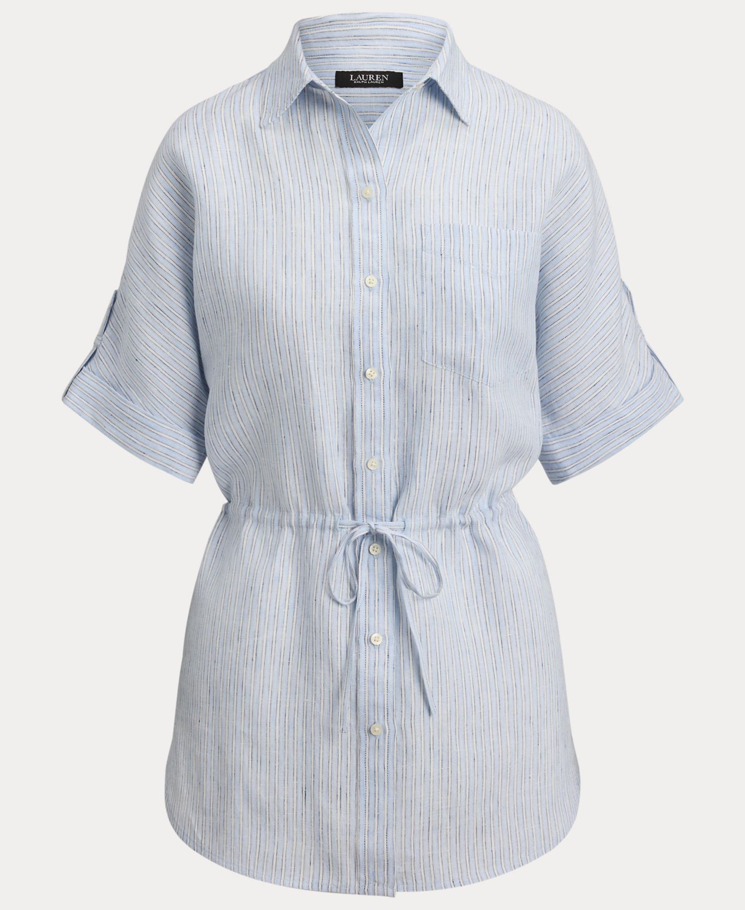 Women's Point Collar Striped Roll-Tab-Sleeve Tunic Shirt