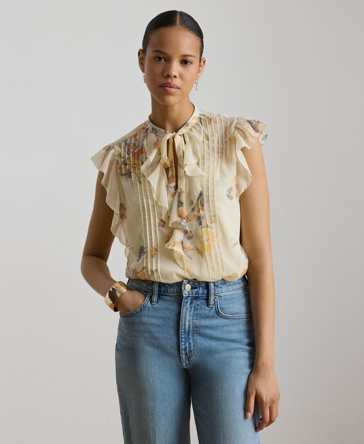 Женские блузки Lauren Ralph Lauren Women's Floral Pintucked Band Collar Tie-Neck Blouse — фото 1