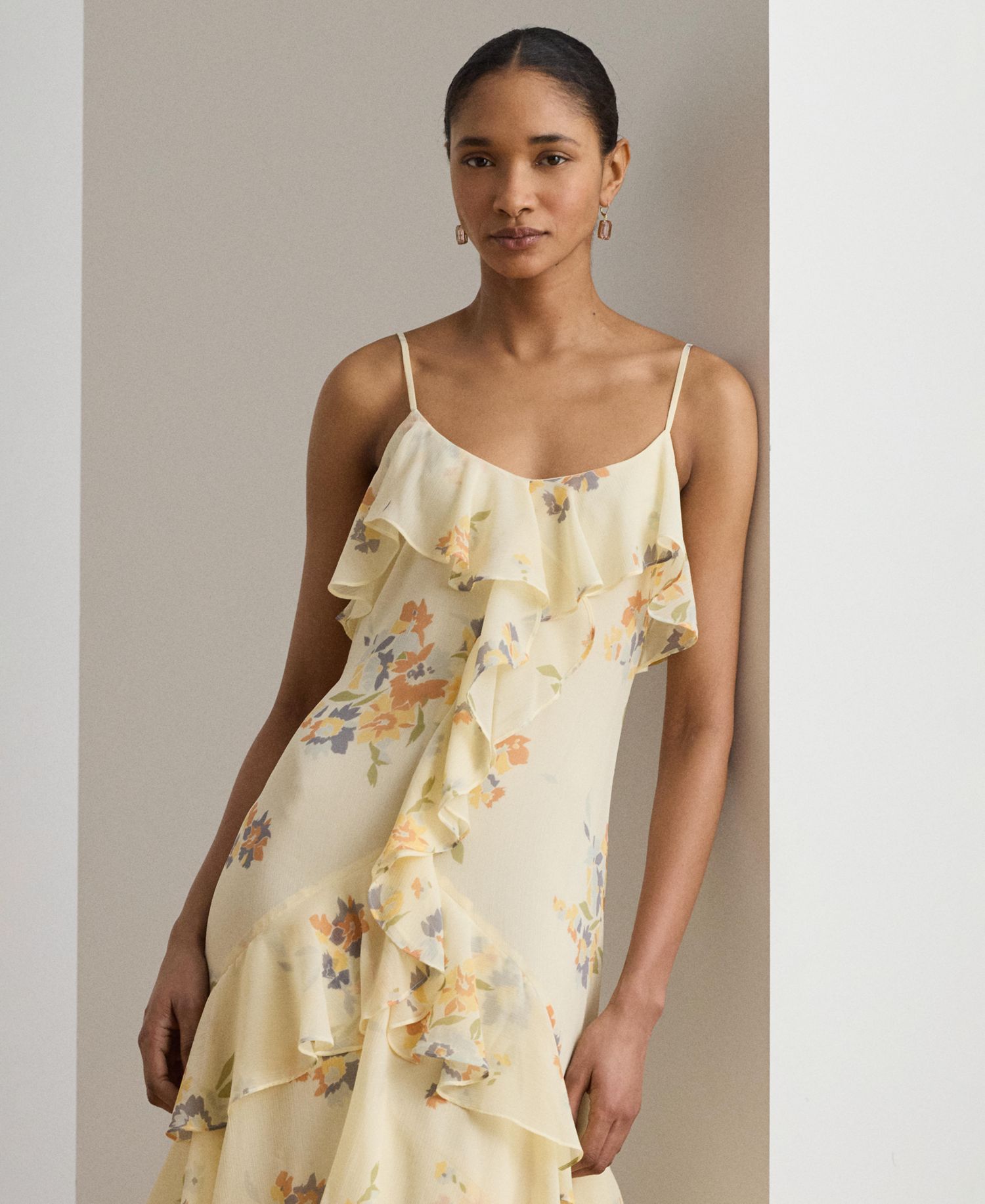 Floral Ruffle-Trim Georgette Gown