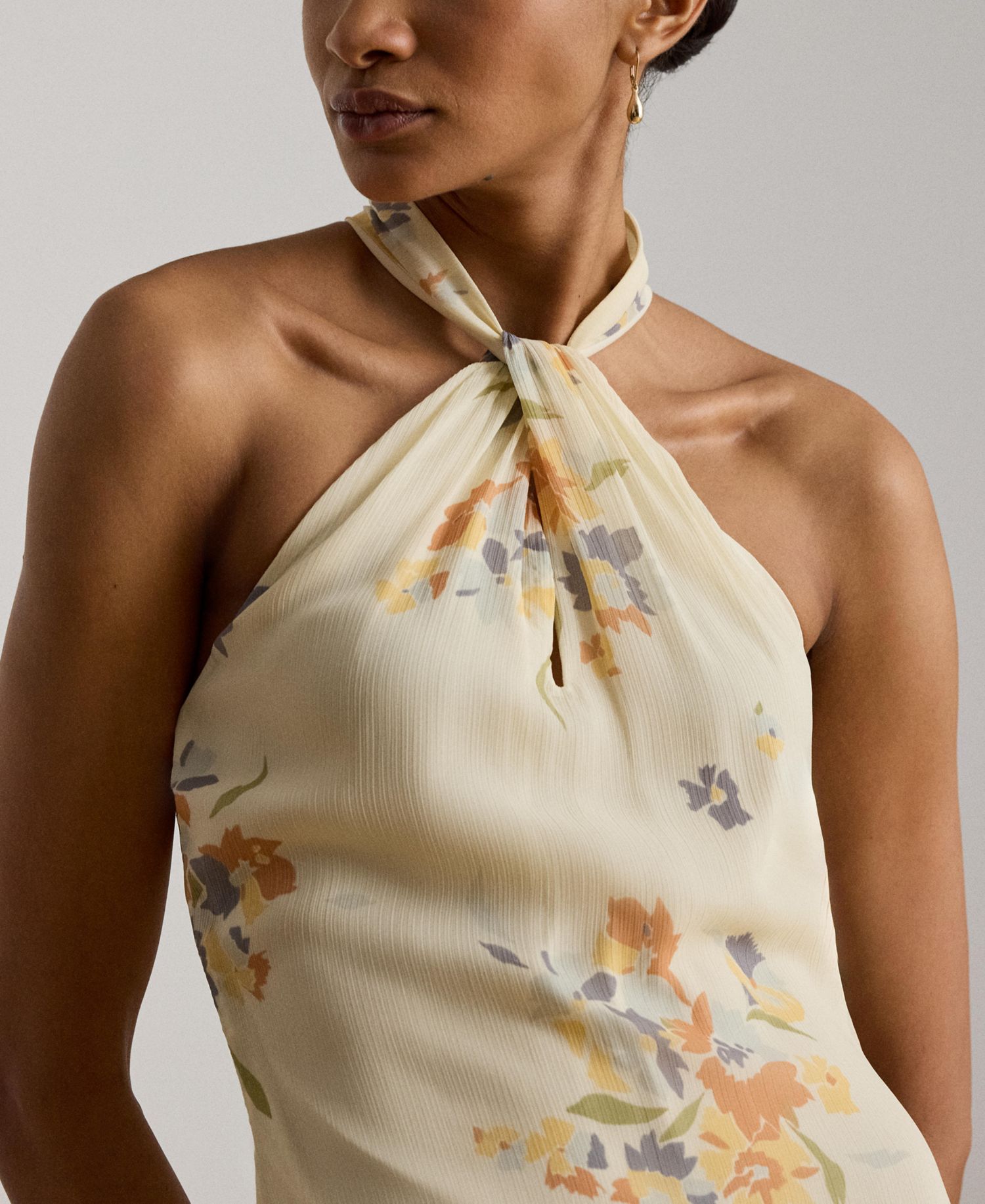 Floral Ruffle-Trim Halter Cocktail Dress