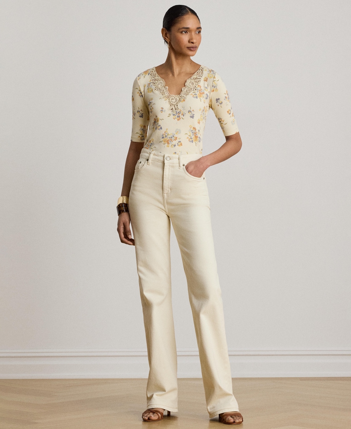 Lauren Ralph Women's V-Neck Floral Lace-Trim Rib-Knit Top