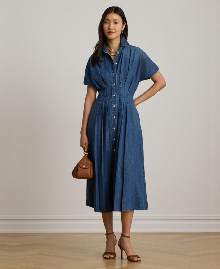Lauren Ralph Lauren Women's Point Collar Pleated Denim Shirt-Dress
