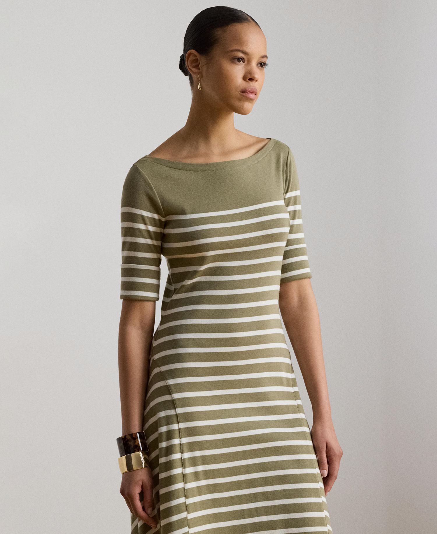 Women's Boat Neck Breton-Stripe Ribbed Midi Dress