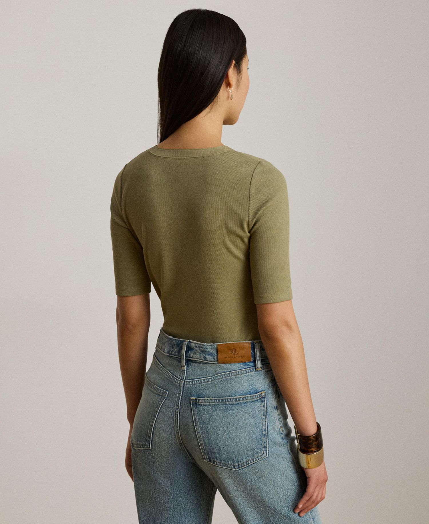 Women's Crewneck Lace-Up Ribbed Elbow-Sleeve T-Shirt