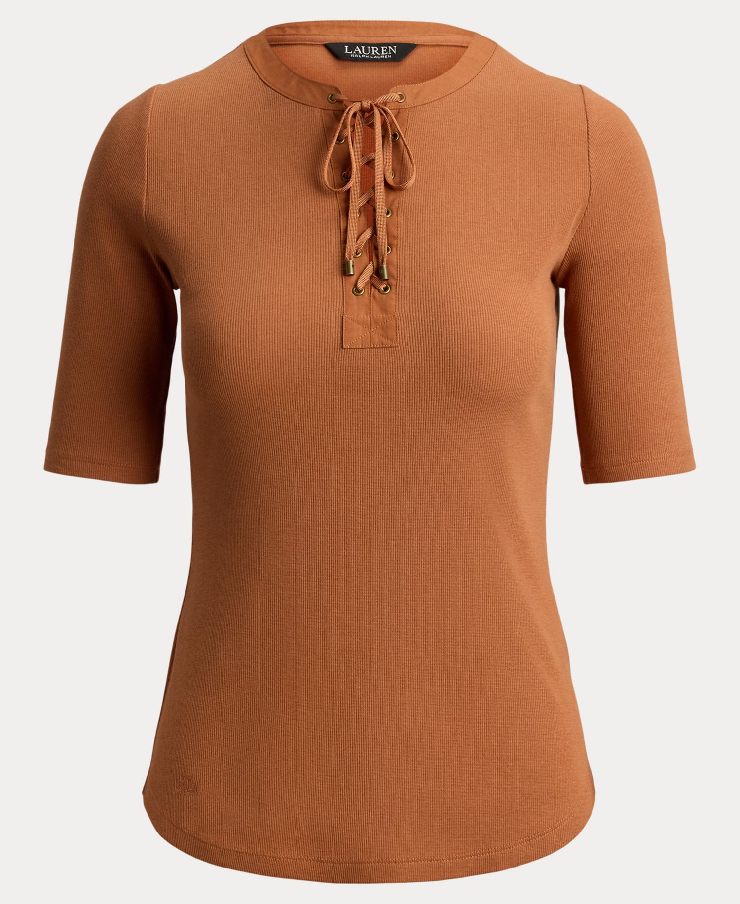 Women's Crewneck Lace-Up Ribbed Elbow-Sleeve T-Shirt