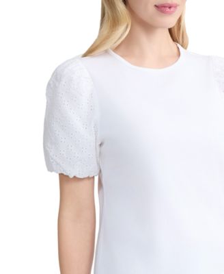 Women's Eyelet Puff-Sleeve Crewneck Top