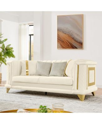 Velvet 3-Seater Sofa with  Gold Trim and Pillows
