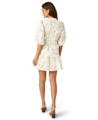 avec les filles women's cotton belted puffed-shoulder dress Plaid Puff Sleeve Tie Belt Stretch Cotton Midi Dress (Women)