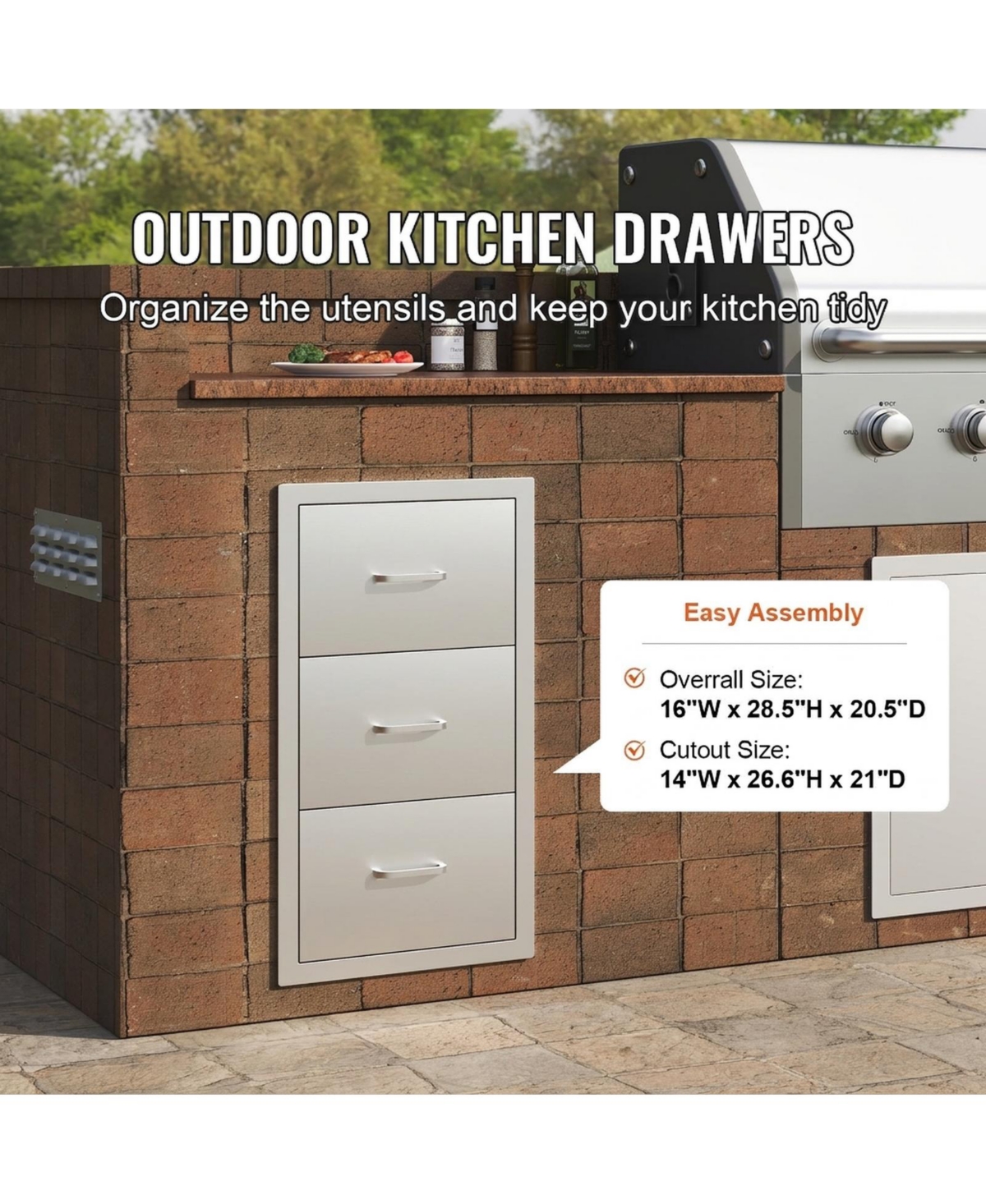 Sugift Triple Stainless Steel Outdoor Kitchen Drawers 16in W x 28.5in H x 20.5in D