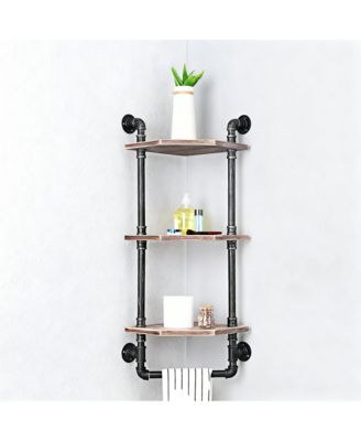 Industrial Pipe Shelf Rustic Corner Metal Wood Bathroom Wall Mounted Towel Bar