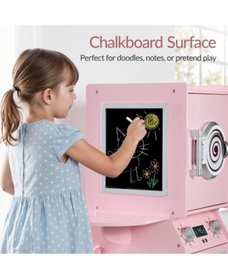 Pretend Play Kids Wooden Stacked Washer and Dryer Set w/ Toy Laundry Storage and Accessories