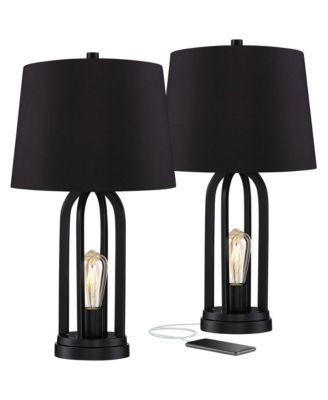 Marcel Industrial Table Lamps High Set of 2 with USB Charging Port and Nightlight LED Drum Shade for Bedroom Bedside Desk