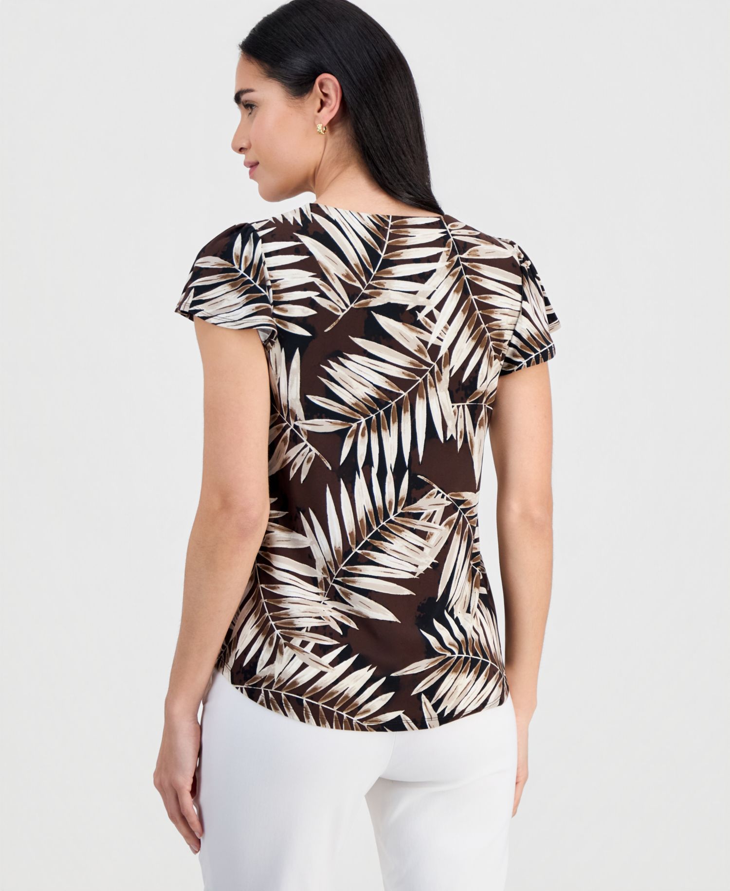 Petite Printed V-Neck Flutter-Sleeve Top