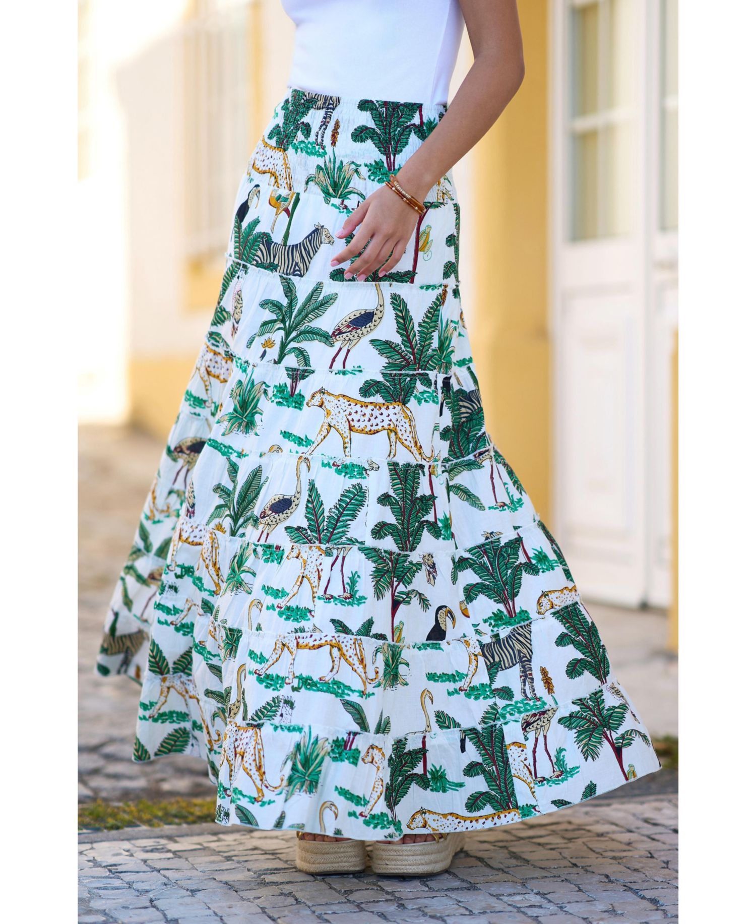 Women's Animal Print Cotton Tiered Maxi Skirt