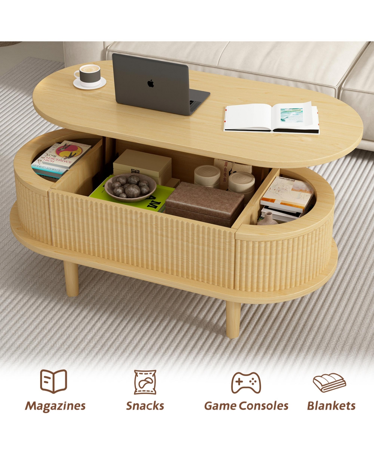 Rainsken Fluted Lift-Top Oval Wood Center Table with Hidden Storage