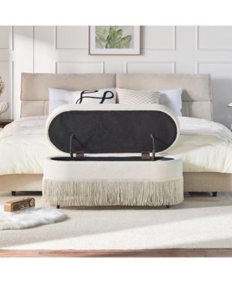 Oval Storage Ottoman, Upholstered Footrest with Fringe Trim, Hidden Storage and Metal Frame for Living Room
