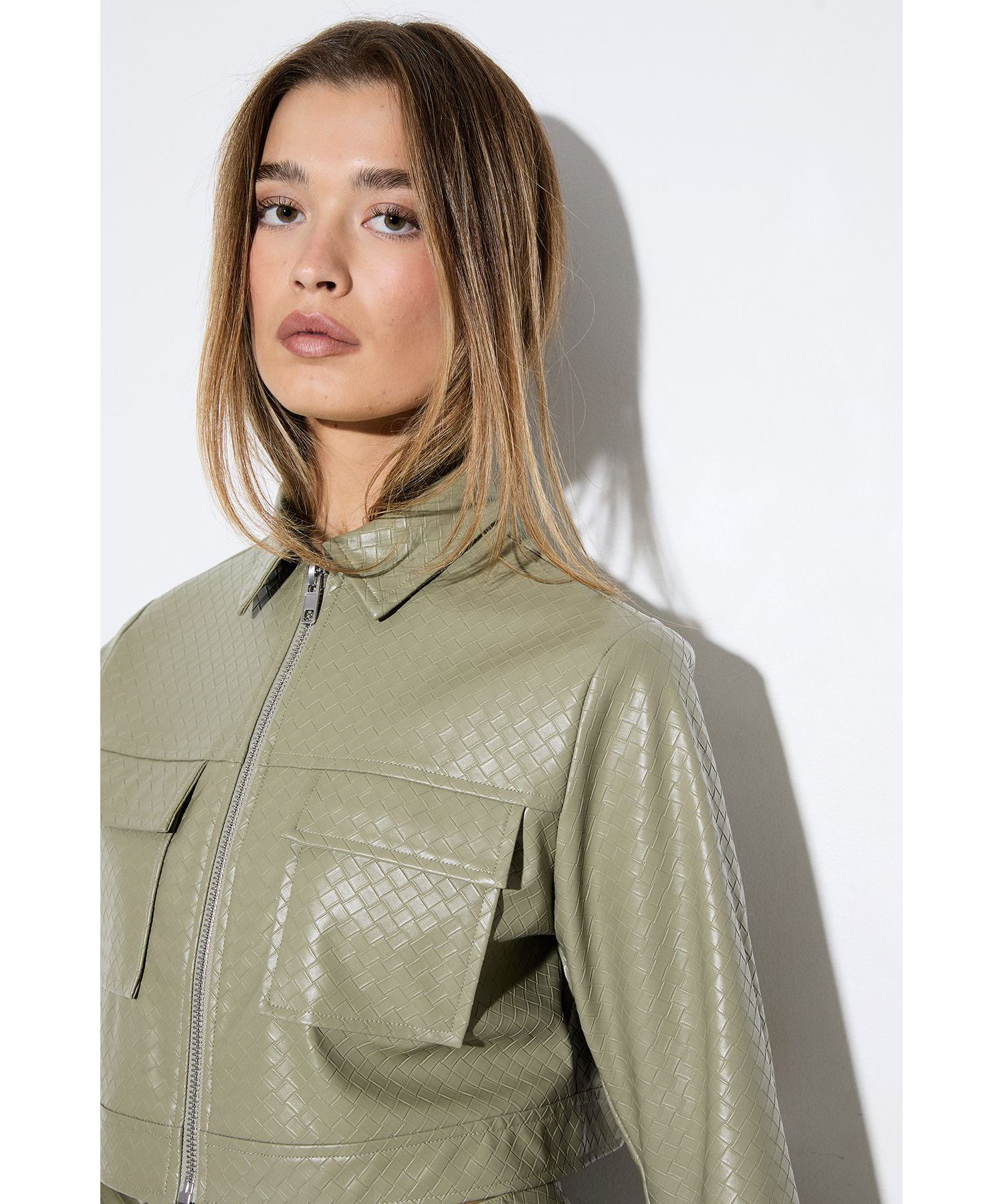 Women's Woven Detail Faux Leather Jacket