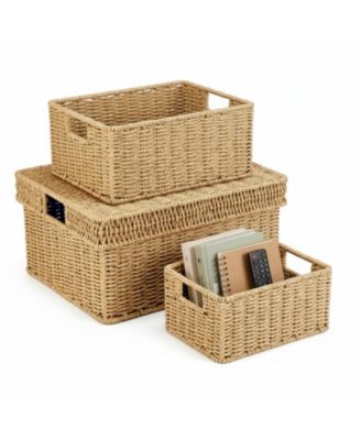 Wicker Storage Baskets With Lids 3-Piece Set Premium Plastic Rattan Handcrafted Organizing Bins for Home Decor
