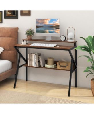 Space Saving Computer Desk with Monitor Stand and Extra Storage Shelf for Work Study-Rustic Brown