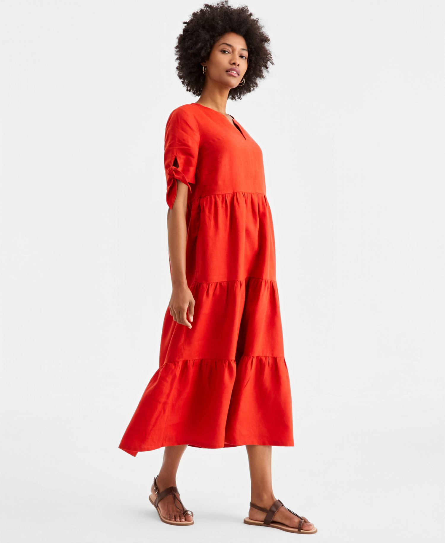 Women's 100% Linen Tie-Sleeve Tiered Midi Dress