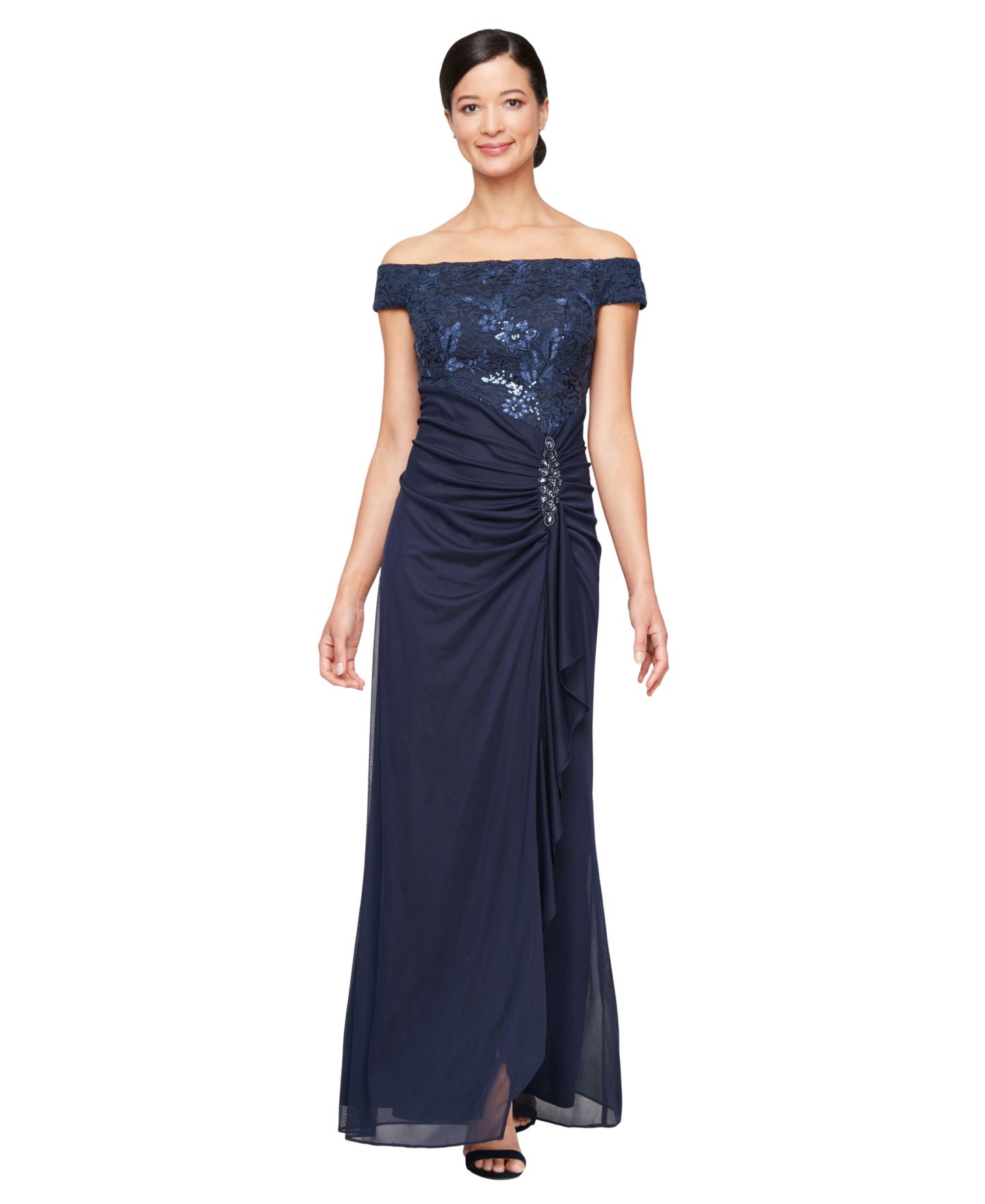 Женское платье Alex Evenings Embroidered Lace Ruched Gown, цвет: Тёмно-синий — фото 1
