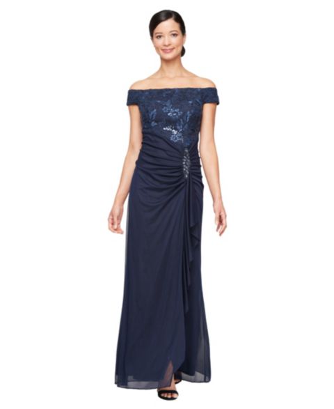 Женское платье Alex Evenings Embroidered Lace Ruched Gown, цвет: Тёмно-синий