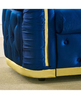 Mid Century Modern Chesterfield Loveseat Couch, Velvet Blue & Gold Tufted Sofa