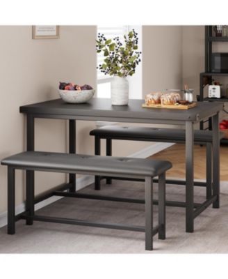 3Pcs Dining Table Set, Kitchen Table and Benches for 4, Rectangular Dining Room Table Set with 2 Upholstered Benches, Dining Table Set
