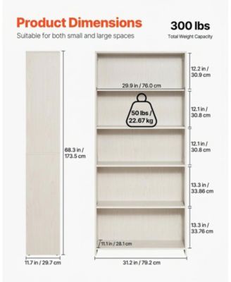 68 in 5 Tier Wide Bookshelf with Open Display Shelves