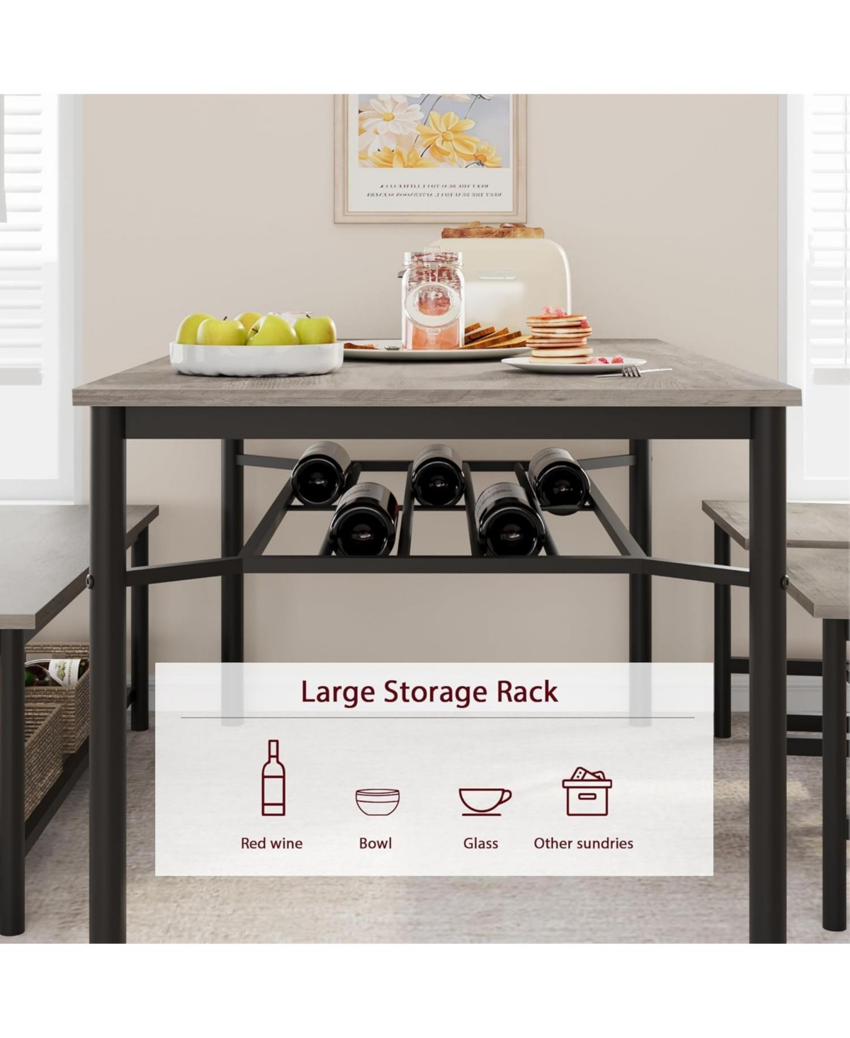 gaomon Dining Table Set for 4, Kitchen Table and 2 Chairs with Storage Bench, 47.2" Rectangular Kitchen Table Set with Wine Racket