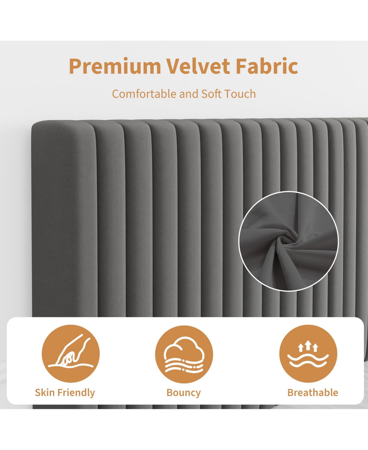 Homfan Velvet Bed Frame, Vertical Channel Tufted Headboard, Height Adjustable