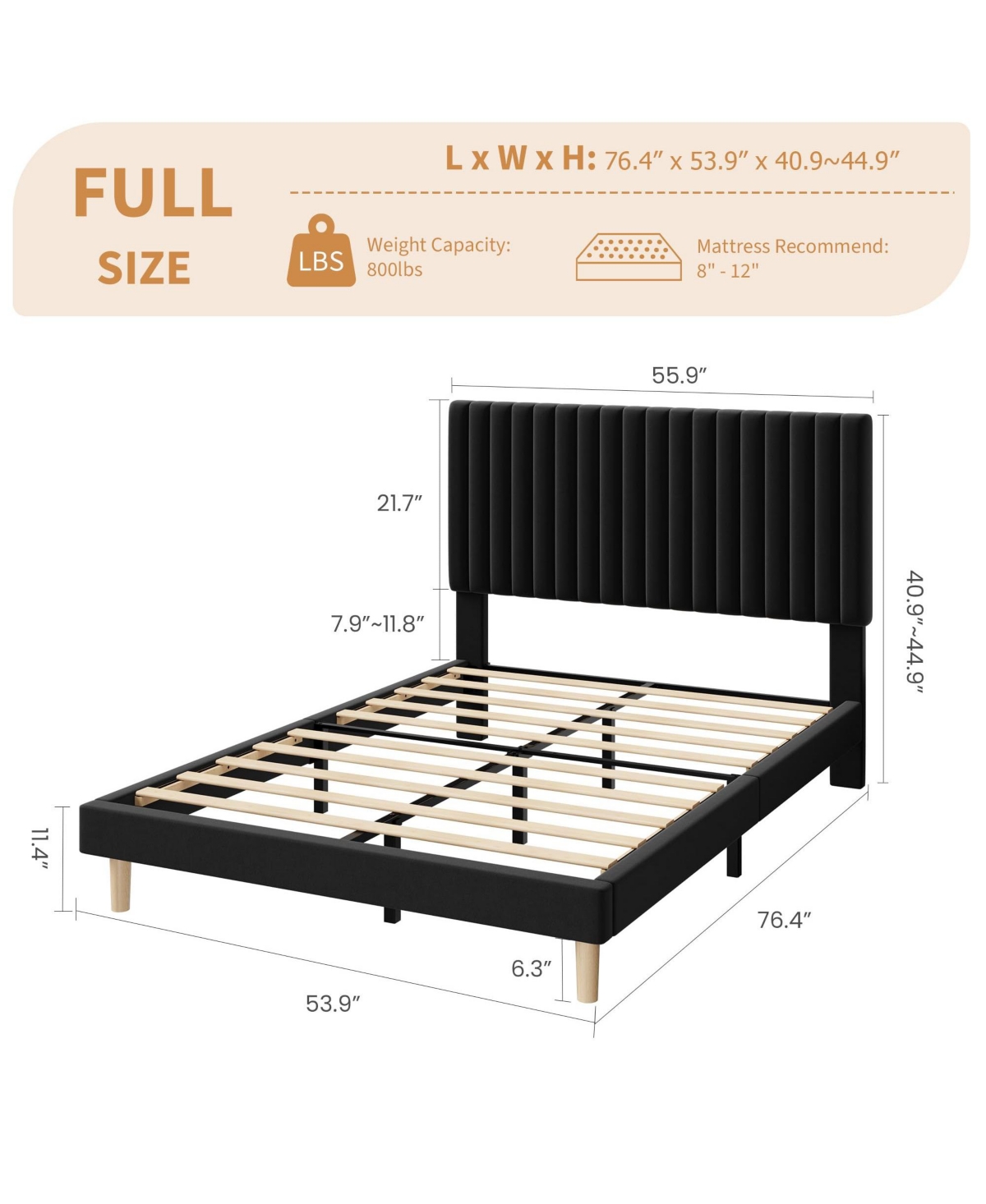 Homfan Velvet Bed Frame, Vertical Channel Tufted Headboard, Height Adjustable