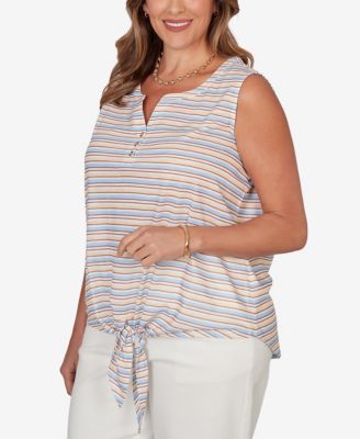 Plus Size Striped Slub Sleeveless Henley Tie Front Top