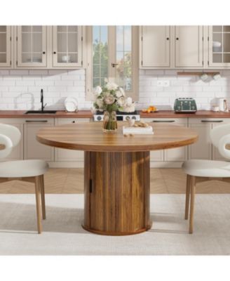 47 Inch Round Dining Table for 4-6, Kitchen Table with 2-Layer Storage Shelf and a Drawer, Farmhouse Circle Dinner Table